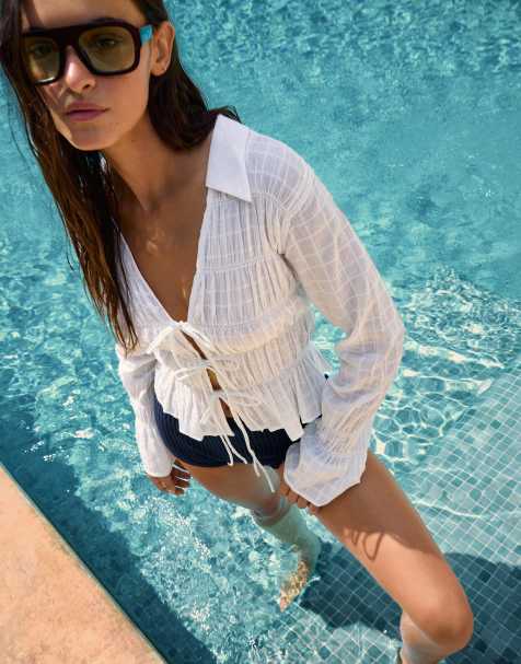 Bershka – Gerafftes Hemd in Weiß - view 1