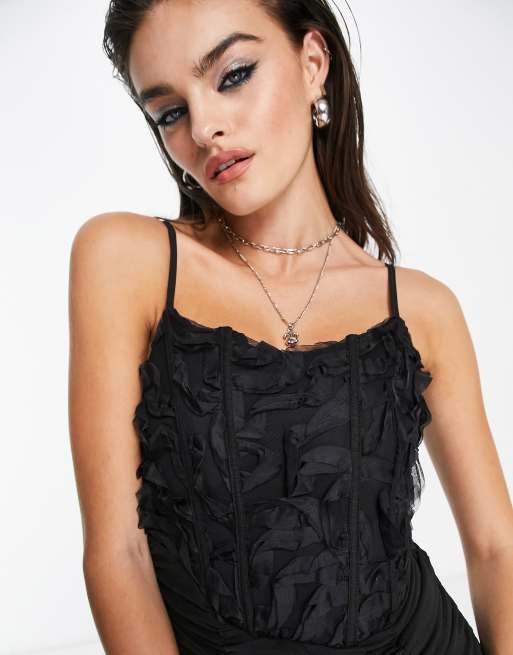 Bershka – Gerafftes Minikleid aus schwarzer Spitze mit Korsettdetail, 3 von 4