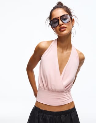 Bershka - Gerafftes Oberteil in Rosa mit überkreuztem Kummerbund