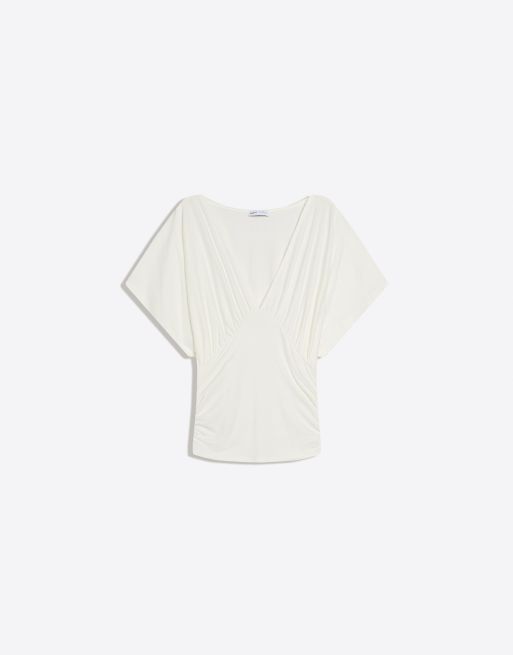 Bershka – Gerafftes T-Shirt in Weiß mit V-Ausschnitt, 4 von 4