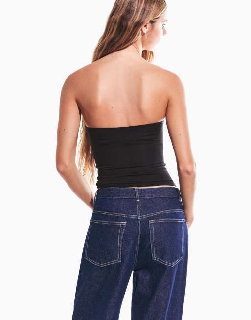 Bershka – Gerafftes, trägerloses Oberteil in Schwarz, 3 von 5