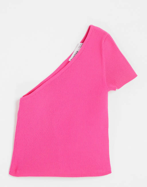 Bershka Geribbeld asymmetrisch T shirt in roze ASOS