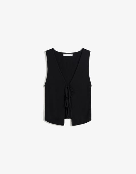 Bershka - Geribbeld vest met rijgveter in zwart - view 1