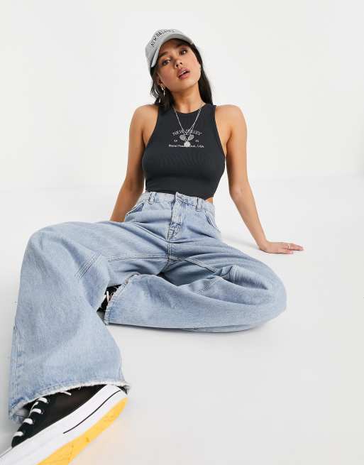 Bershka - Geribbelde body met 'New Jersey' print in zwart, deel van co-ord set