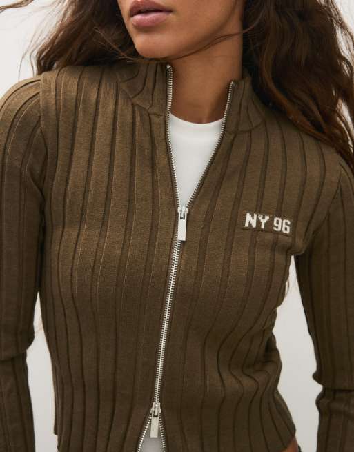 Bershka geribbelde gebreide cardigan met rits in kaki, 2 van 5