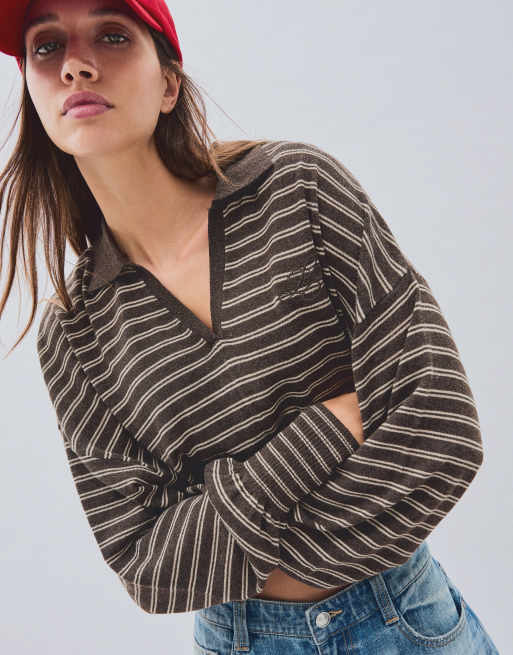 Bershka geribbelde trui met polokraag in bruin, 2 van 4