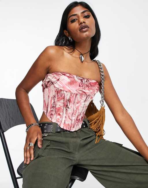 Bershka - Gerimpeld korset met baleinen in gemengde bloemenprint