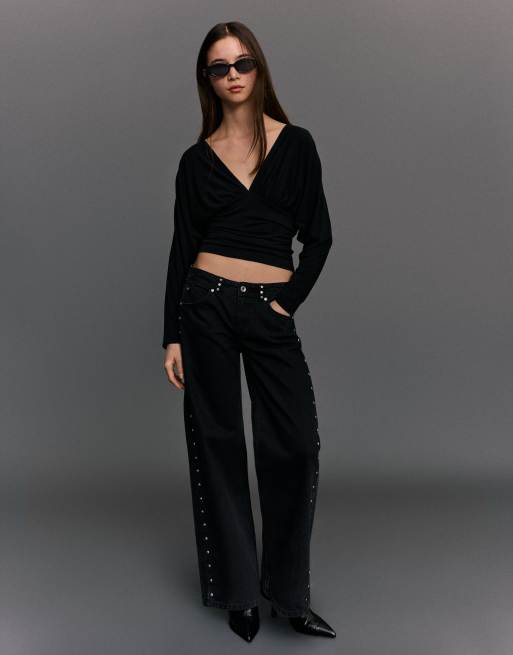 Bershka - Gerimpeld T-shirt met lange mouwen in zwart, 2 van 4