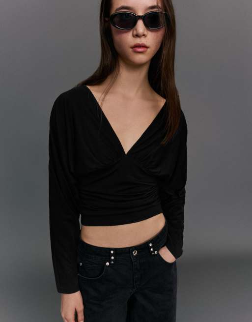 Bershka - Gerimpeld T-shirt met lange mouwen in zwart, 3 van 4