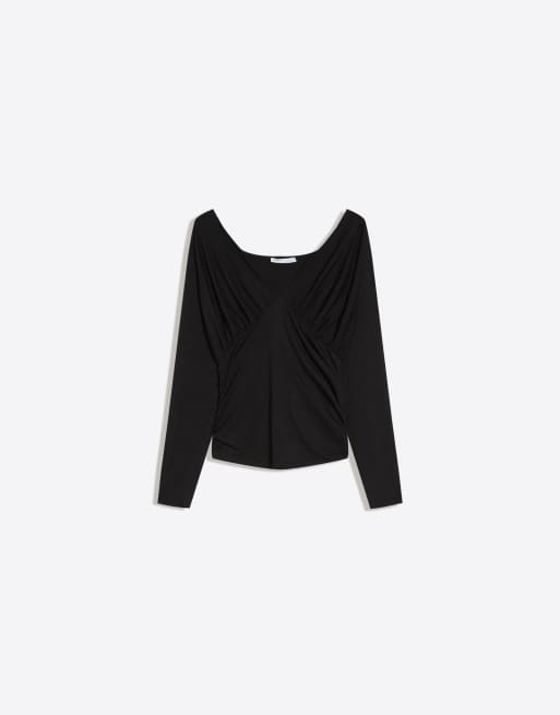 Bershka - Gerimpeld T-shirt met lange mouwen in zwart, 4 van 4