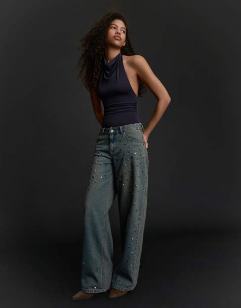 Bershka - Gerimpelde body met halternek in grijs en zwart - view 1