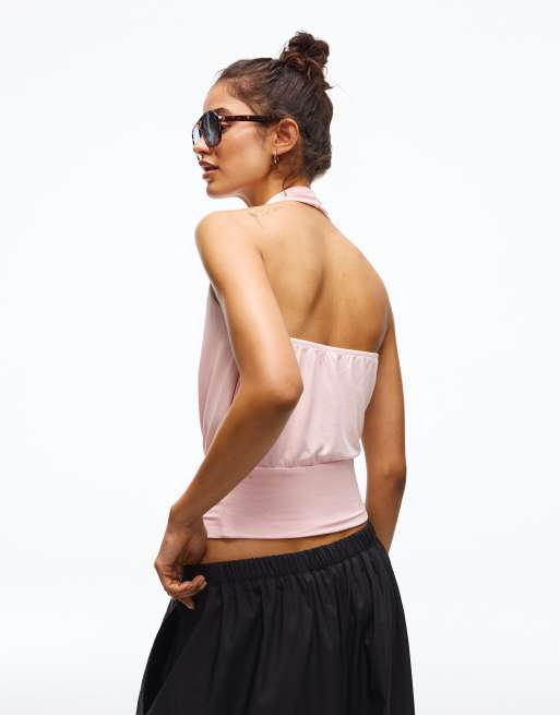 Bershka - Gerimpelde top met gekruiste voorkant in roze, 3 van 4
