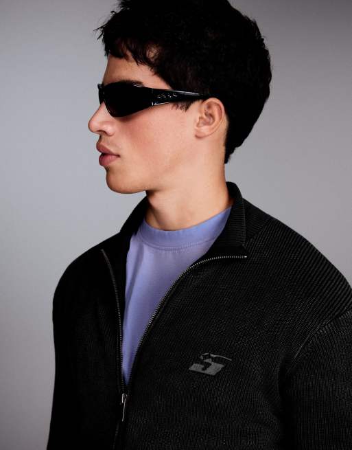 Bershka gerippte Jacke mit Reißverschluss, figurbetont, in Schwarz, 3 von 6