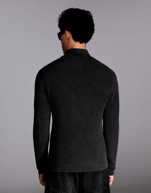 Bershka gerippte Jacke mit Reißverschluss, figurbetont, in Schwarz, 4 von 6