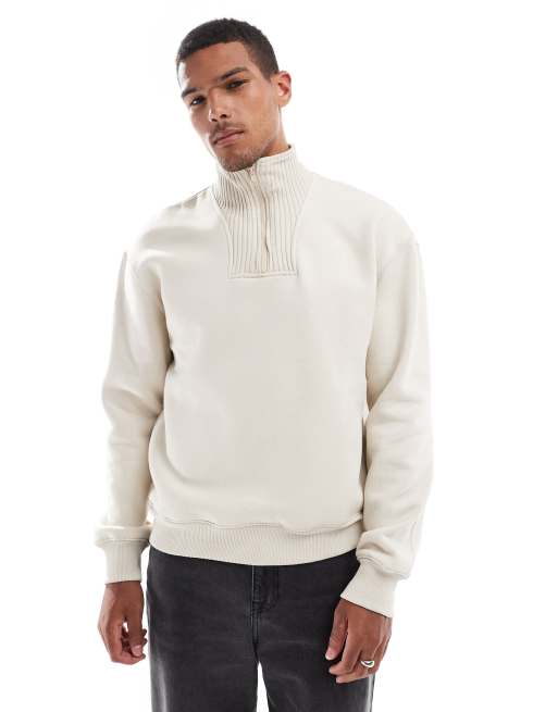 Bershka – Gerippter Pullover in Hellbeige mit kurzem Reißverschluss