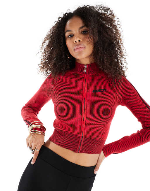 Bershka – Gerippter Pullover in Rot mit durchgehendem Reißverschluss