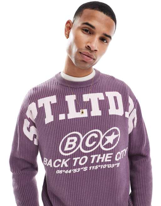 Bershka – Gerippter Pullover in verwaschenem Lila mit Grafik