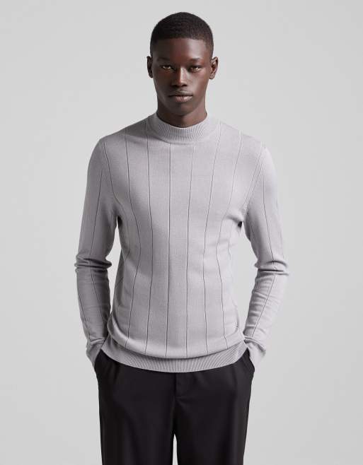 Bershka – Gerippter Pullover mit Rundhalsausschnitt in Grau