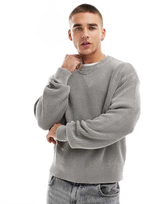 Bershka – Gerippter Strickpullover in Grau