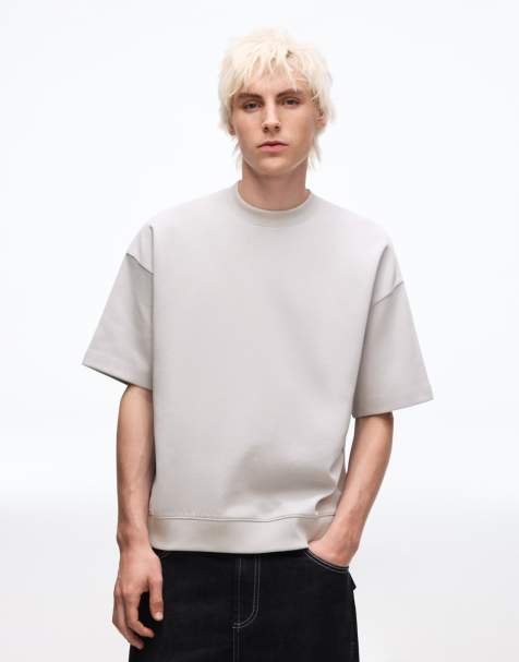 Bershka – Geripptes, kurzärmliges Sweatshirt in Grau - view 1