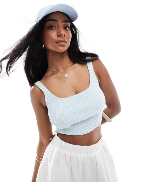 Bershka – Geripptes Strick-Oberteil in Blassblau mit eckigem Ausschnitt - view 1