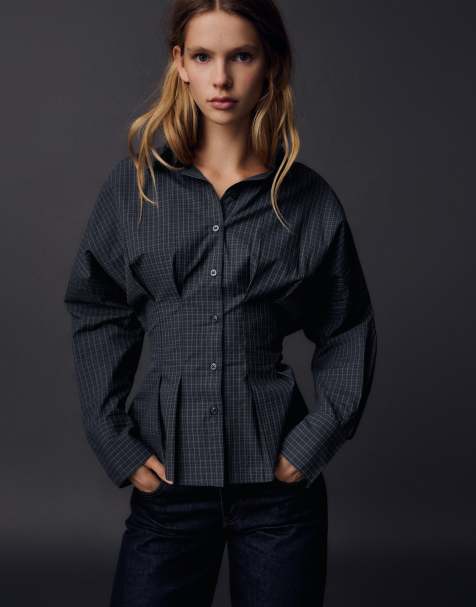 Bershka geruit corsetoverhemd met lange mouwen in donker antracietgrijs - view 1