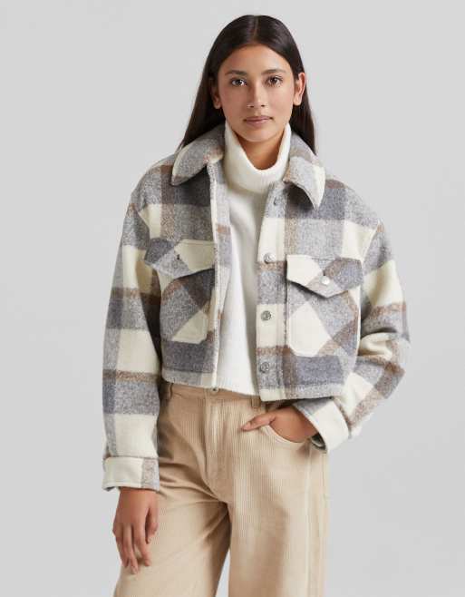 Bershka - Geruite cropped shacket in grijs