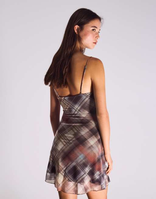 Bershka - Geruite mini jurk van tule in bruin, 3 van 4