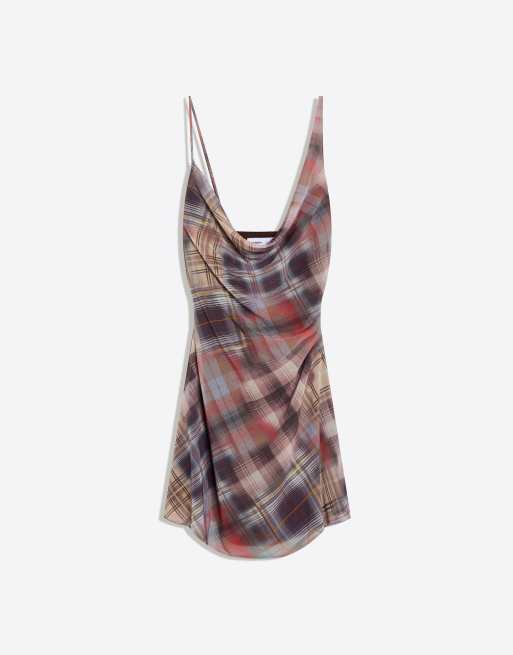 Bershka - Geruite mini jurk van tule in bruin, 4 van 4