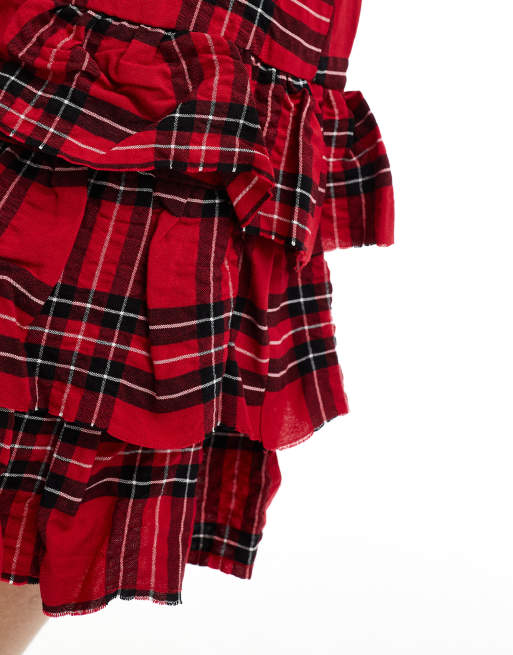 Bershka - Geruite mini rok met ruches en stroken in rood en zwart, 5 van 5