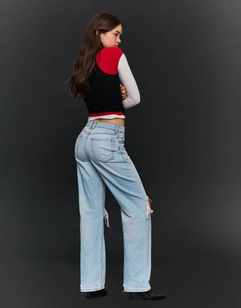 Bershka - Gescheurde jeans met wijde pijpen en hoge taille in lichtblauw - view 1