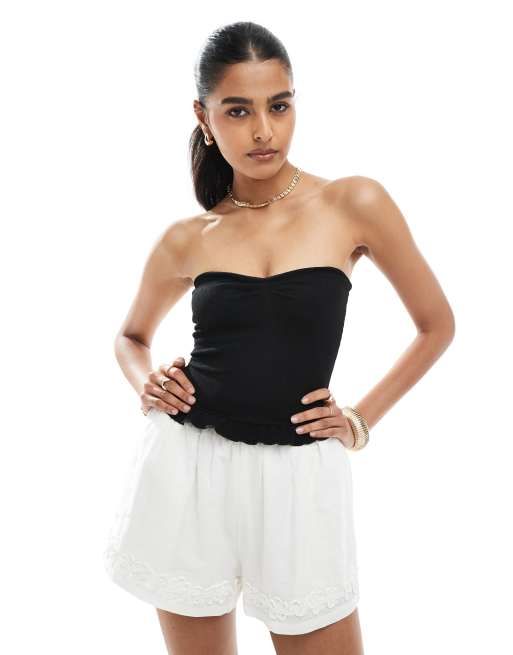 Bershka - Gesmokte bandeau-top met ruches in zwart