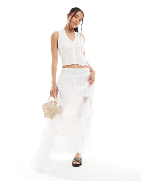 Bershka - Gesmokte maxi rok met ruches in ecru - view 1