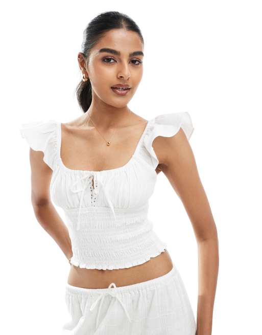 Bershka - Gesmokte top in melkmeisjestijl in wit