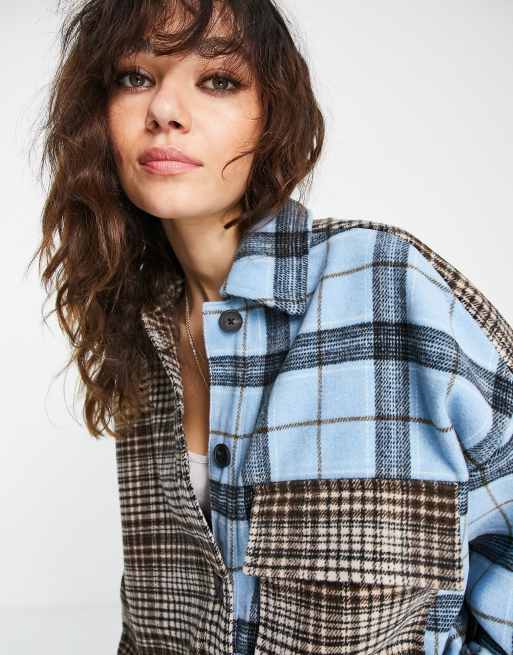 Bershka – Gespleißte Hemdjacke in Braun und Blau mit verschiedenen Karomustern, 3 von 4