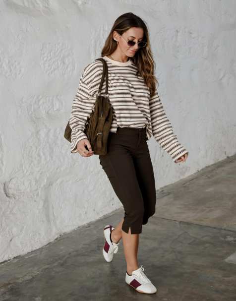 Bershka gestreept boxy T-shirt met lange mouwen in ecru - view 1