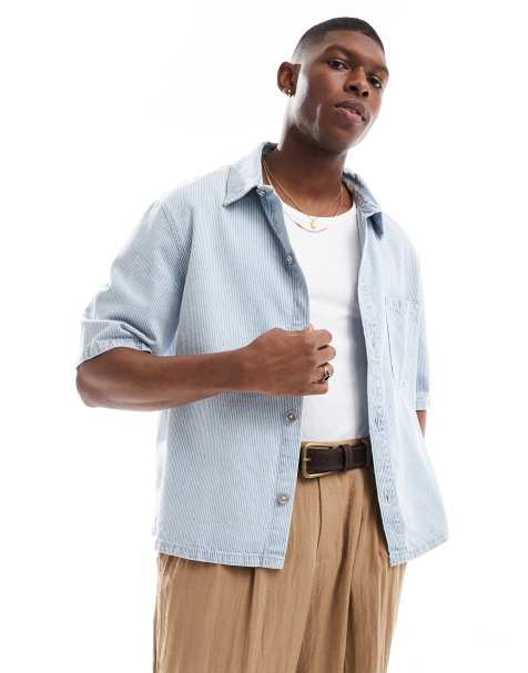 Bershka - Gestreept denim overhemd in blauw - view 1
