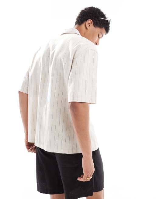 Bershka - Gestreept overhemd met hoog linnengehalte in beige, 3 van 4