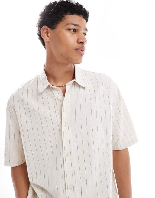 Bershka - Gestreept overhemd met hoog linnengehalte in beige, 4 van 4
