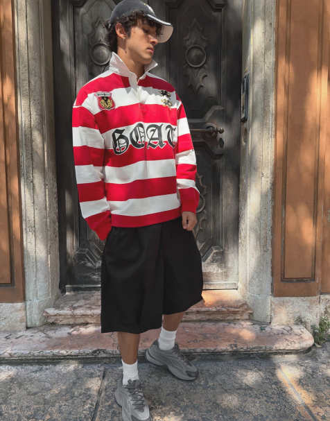 Bershka gestreept poloshirt met lange mouwen in rood - view 1