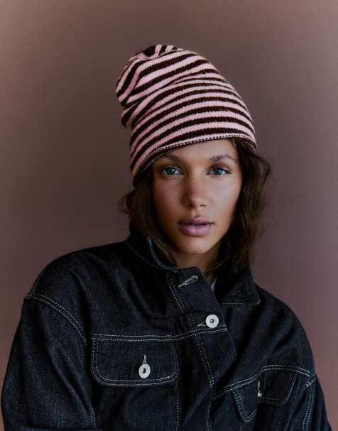 Bershka gestreepte beanie in roze - view 1