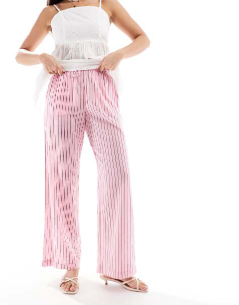 Bershka - Gestreepte broek met wijde pijpen en gestrikte taille in roze - view 1
