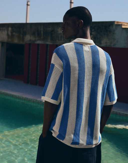 Bershka - Gestreepte polo van mesh met korte mouwen in lichtblauw, 4 van 4