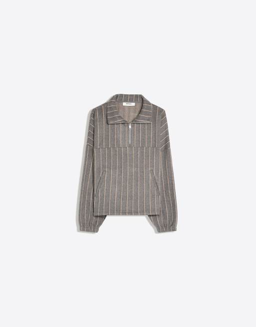 Bershka gestreepte sweatshirt met halve ritssluiting in grijs, 3 van 5