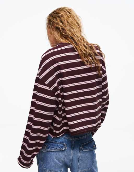 Bershka gestreepte sweatshirt met ronde hals in bordeauxrood, 3 van 5