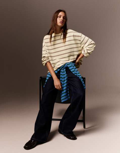 Bershka gestreepte sweatshirt met ronde hals in geel - view 1