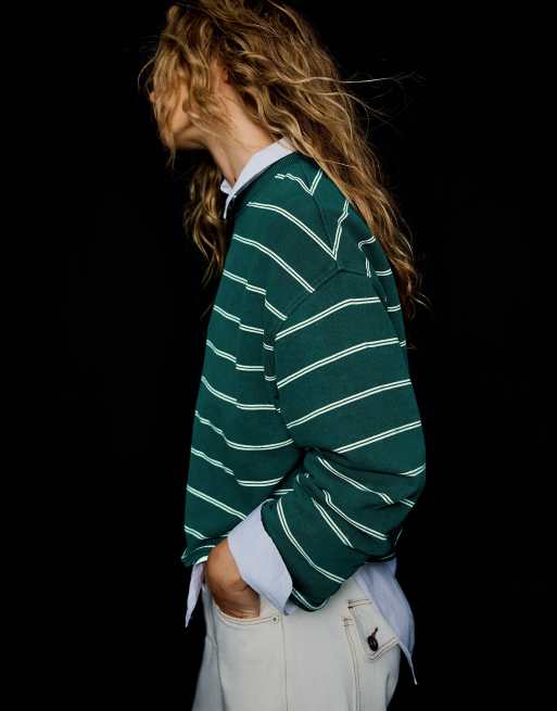 Bershka gestreepte sweatshirt met ronde hals in groen, 4 van 6