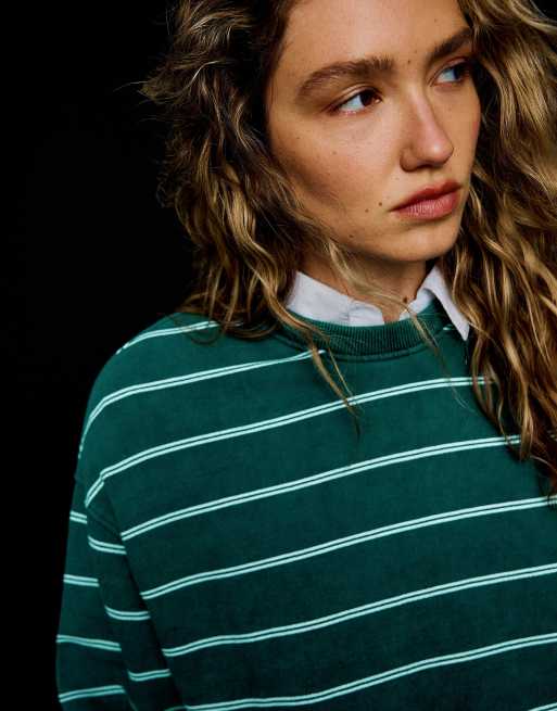 Bershka gestreepte sweatshirt met ronde hals in groen, 5 van 6