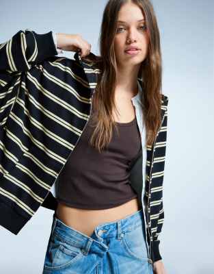 Bershka - Gestreifte Kapuzenjacke in Marineblau