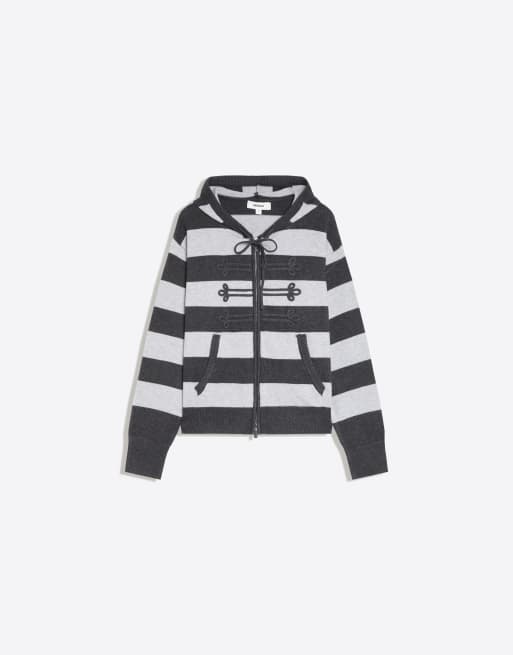 Bershka gestreifte Strickjacke mit Kapuze in Grau, 5 von 5